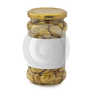 Marinated mushrooms in the glass jar with blank label isolated on white