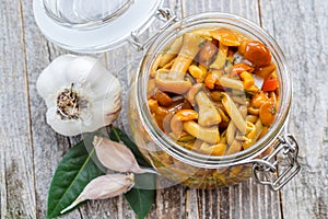 Marinated Mushrooms in a Glass Jar and Garlic