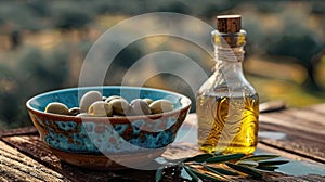 Marinated olives in a blue bowl with an intricately designed olive oil bottle and scenic backdrop.