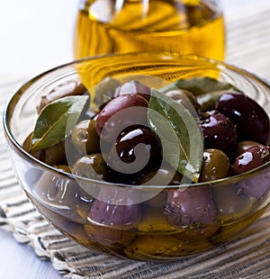 Marinated olives in a glass bowl