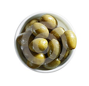 Marinated olives isolated on a white background, top view