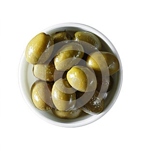 Marinated olives isolated on a white background, top view