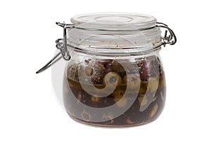 Marinated olives in a jar isolated