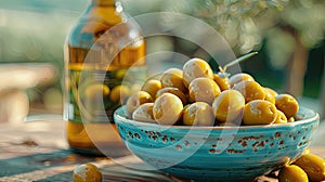 Marinated olives in a rustic bowl with a bokeh background and olive oil bottle.