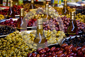 Marinated olives on street market.