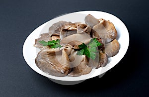 Marinated oyster mushrooms with parsley leaf on a white plate