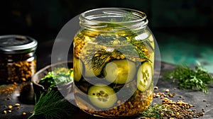 Marinated pickled cucumbers in jar. Generative AI