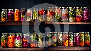 Marinated pickles variety preserving jars.Homemade Fermented food.