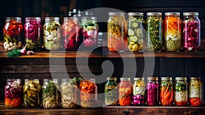 Marinated pickles variety preserving jars.Homemade Fermented food.