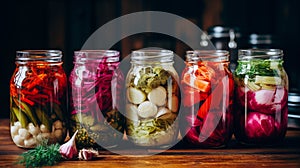 Marinated pickles variety preserving jars.Homemade Fermented food.