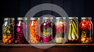 Marinated pickles variety preserving jars.Homemade Fermented food.