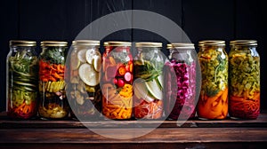 Marinated pickles variety preserving jars.Homemade Fermented food.