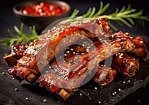 Marinated pork spareribs with barbeque sauce and rosemary.Macro.AI Generative