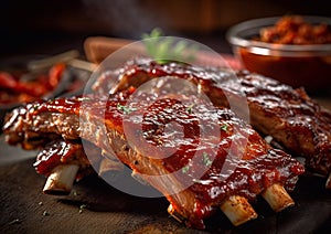 Marinated pork spareribs with barbeque sauces and spices.Macro.AI Generative