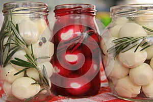 Marinated quail eggs in jars