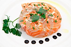 Marinated salmon fillet on plate