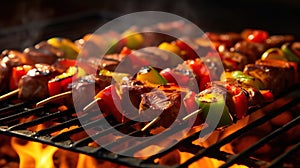 Marinated shashlik preparing on a barbecue grill over charcoal. Shashlik or Shish kebab popular in Eastern Europe.