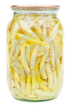 Marinated siliculose haricot in a glass jar isolated