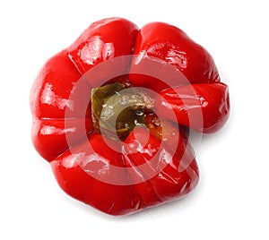 marinated sliced sweet bell pepper isolated on white background. top view