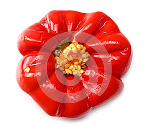 marinated sliced sweet bell pepper on white background. top view