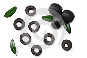 Marinated slices black olives isolated on white background. top view