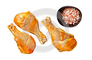 Marinated and Smoked chicken legs drumsticks Isolated on white background, top view.