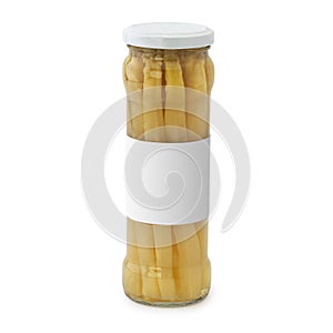 Marinated white asparagus jar with blank label Isolated on a white background