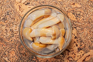 Marinated wine cap mushrooms. Stropharia rugoso annulata mushrooms in clear glass bowl on cork photo