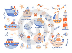 Marine adventures set. Cute whale and funny crab, sailor team objects. Kids ship, sailboat and submarine, childish sea