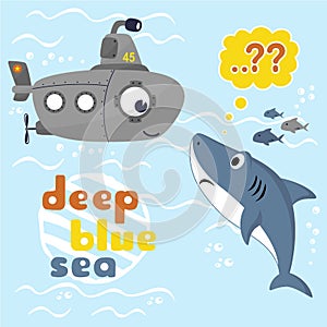 Marine animals cartoon with funny submarine