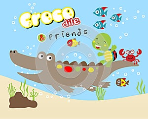 Marine animals cartoon, turtle and crab riding on crocodile`s tail