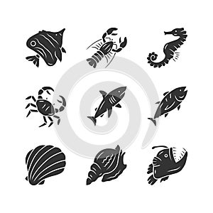 Marine animals glyph icons set. Swimming shark, anglerfish. Underwater creature. Aquatic organism. Seafood restaurant
