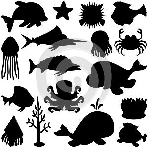 Marine Animals Silhouettes Set