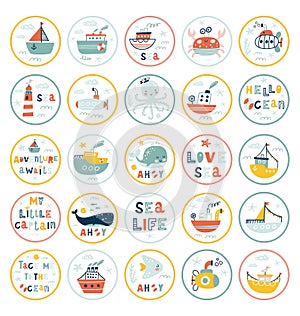 Marine animals stickers. Undersea world inhabitants. Ðžctopus, whale, fish, crab, sea transport. Vector