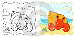 Marine background. Coloring book or Coloring page for kids. Cancer hermit vector clipart