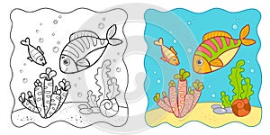 Marine background. Coloring book or Coloring page for kids. Fish vector clipart