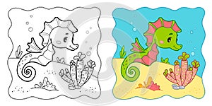 Marine background. Coloring book or Coloring page for kids. Sea Horse vector clipart