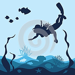 Marine background with a diving girl, corals and fish.