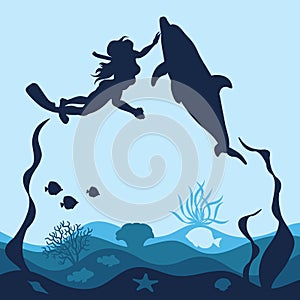 Marine background with a diving girl, dolphin, corals and fish. Isolated objects.