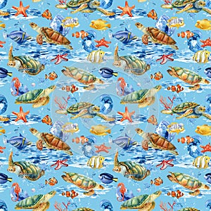 Marine background, dolphins, fish, seahorse and turtles. Seamless pattern, watercolor illustration