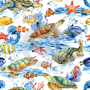 Marine background, dolphins, fish, seahorse and turtles. Seamless pattern, watercolor illustration