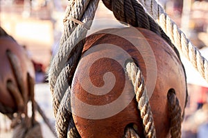 Marine background, sailing boat pulley