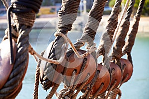 Marine background, sailing boat pulley