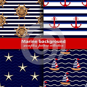 Marine background. Set of seamless patterns, four textures