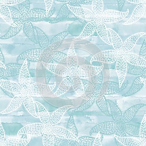 Marine background. Starfish on blue watercolor background. Seamless vector pattern. Perfect for wallpaper, wrapping, fabric and