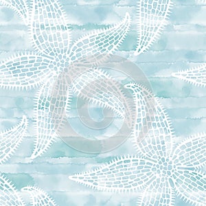 Marine background. Starfish on blue watercolor background. Seamless vector pattern. Perfect for wallpaper, wrapping, fabric and