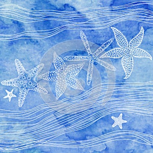 Marine background. Vector illustration. Waves, starfish on a blue watercolor background. Can be used creating card or invitation