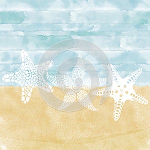 Marine background. Watercolor illustration with blue waves, sandy beach and  starfish.  Can be used creating card or invitation