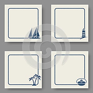 Marine backgrounds set with sea rope frame and sea voyages symbols