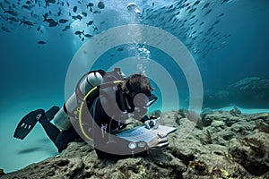 marine biologist, conducting research on the ocean floor, surrounded by schools of fish photo